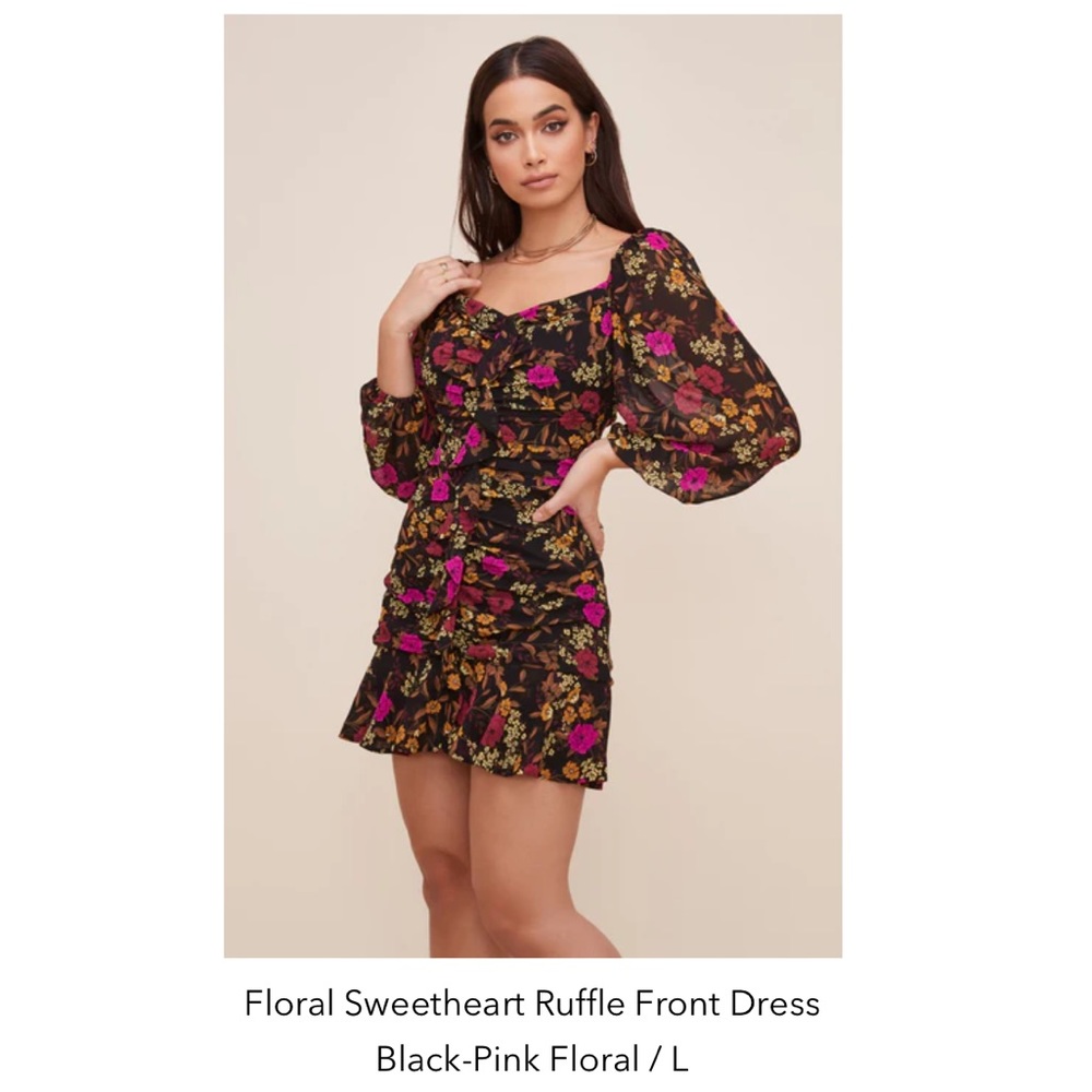 Floral Sweetheart Ruffle Front Dress - Black and Pink